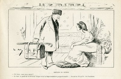 Illustration in Le Rire, 24/08/12 - Rückkehr aus Russland - Antiklerikalismus, Russland, Präsident der Republik, Hüte, offizieller Besuch - Marianne, Poincare Raymond (Gravur) von Lucien Metivet