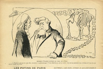 Illustration in Le Rire, 27/06/08 - Missachtung des Staatsoberhauptes - Präsident der Republik, Dinosaurier, Paläontologie - Fallieres Armand (1841-1931), Dinosaurier, Diplodocus (Gravur) von Lucien Metivet