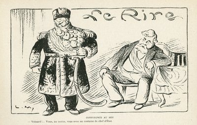 Illustration in Le Rire, 27/07/12 - Vertrauen in den Bey - Kolonisation - Fallieres Armand (1813-1941), Naceur Bey (Mohamed el-Naceur Bey) (1855-1922) (Gravur) von Lucien Metivet