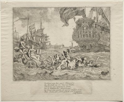 Die Personifikation von Amsterdam reitet in Neptuns Wagen von Ludolf Backhuysen