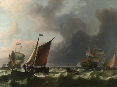Niederländische Kriegsschiffe und kleine Boote bei frischer Brise vor Enkhuizen von Ludolf Bakhuizen