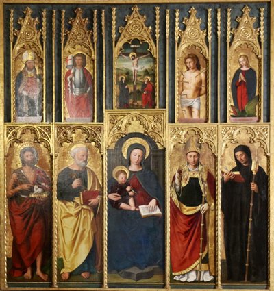 Retabel, 10 Tafeln: Madonna mit Kind zwischen Johannes dem Täufer und Petrus, Ein Bischof und Abt, Christus am Kreuz zwischen Johannes und der Madonna, Heiliger Martin und Heiliger Viktor, Heiliger Sebastian und Heilige Margarete von Ludovico Brea