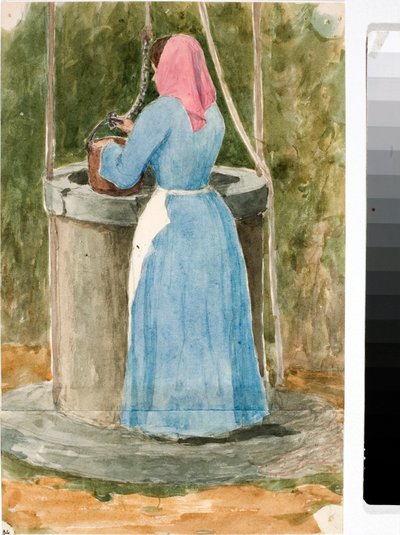 Frau des Volkes schöpft Wasser aus dem Brunnen von Luigi Garibbo