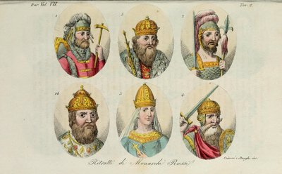 1. Rurik 2. Igor von Kiew 3. Olga 4. Swjatoslaw 5. Wladimir der Große 14. Iwan IV aus Il costume antico von Giulio Ferrario, 1831 von Luigi Giarrè