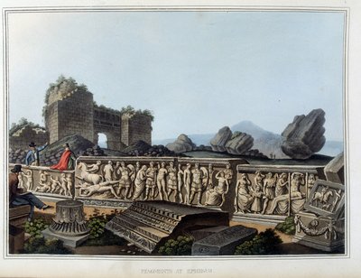 Ruinen und Fries geschnitzt in Ephesus, ehemals antike Stadt Griechenlands, heute in der Türkei. In „Ansichten in den osmanischen Herrschaften, in Europa, in Asien und einigen Mittelmeerinseln nach den Originalzeichnungen von Luigi Mayer, London von Luigi Mayer