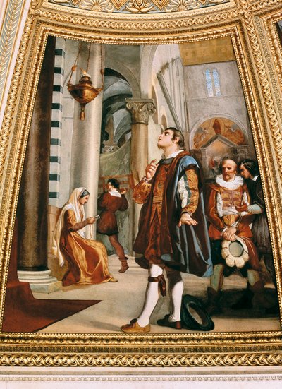 Galileo Galilei beobachtet den Kronleuchter, der im Dom von Pisa hin und her schwingt, 1582 von Luigi Sabatelli