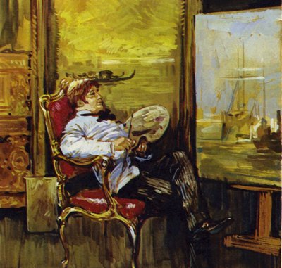 Turner sitzt vor einem seiner Gemälde von Luis Arcas Brauner