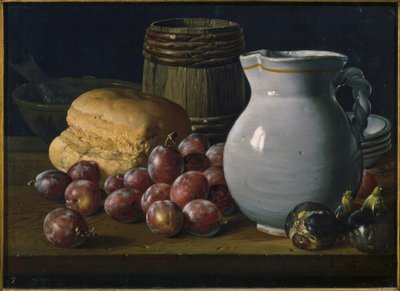Stillleben mit Pflaumen, Feigen, Brot, Fässchen, Krug und anderen Gefäßen von Luis Meléndez