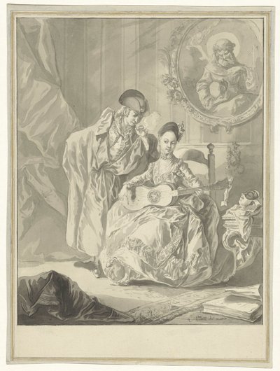 Sitzende Gitarrenspielerin und stehender rauchender Mann in einem Interieur von Luis Paret y Alcazar