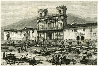 Die Kathedrale von Quito und die Volksunterhaltung auf ihrem Platz. Gravur von Clerget und Ferdinandus, zur Illustration der Geschichte „Equinoxiale America“ von M. (after) Ferdinandus