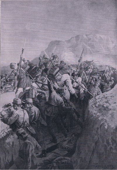 Erfolgloser Angriff der Italiener auf die Höhen von Doberdo, aus der Illustrierten Geschichte des Weltkriegs 1914-1915, veröffentlicht von Union Berlagsefellfchaft von M. Barascudts