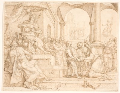Der Staatsschreiber Sjafan liest aus dem Gesetzbuch für König Josias, der seine Kleider zerreißt von Maarten van Heemskerck