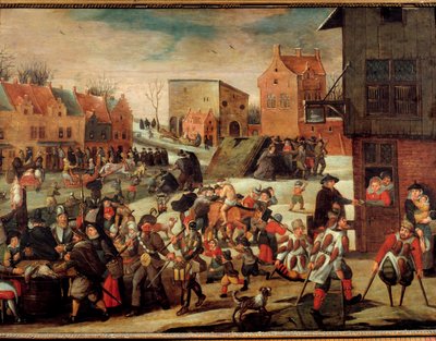 Die Krüppel. Eine Menge armer und kranker Menschen in einer Stadt (in Flandern?) von Maerten van Cleve