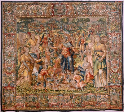 Serie Geschichte von Gideon. Die Israeliten übergeben Gideon ihren Anteil an der Beute (Los israelitas entregan a Gedeón su parte del botín). Seide und Wolle. Vermächtnis von Bischof. von Maerten van Heemskerck