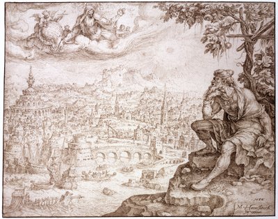 Jona, sitzend unter dem Kürbis, betrachtet die Stadt Ninive, 1566 von Maerten van Heemskerck