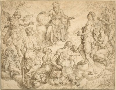 Satan fordert Gott heraus, Hiob seinen Schutz zu entziehen von Maerten van Heemskerck