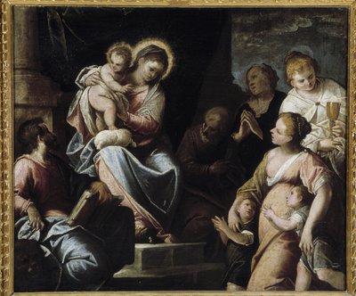Die Jungfrau mit dem Kind umgeben von theologischen Tugenden Allegorie des Glaubens, der Hoffnung und der Nächstenliebe von Maffeo da Verona