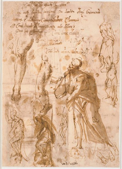 Zwei Blätter aus einem Skizzenbuch. Sechs Studien für stehende Figuren, zwei Studien für Beine, drei Skizzen für Füße und ein Kopf von Maganza
