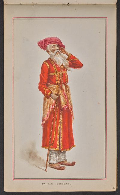 Älterer Hofbeamter des Kolhapur-Durbars, gekleidet in einem roten Mantel und einem rosa Turban von Mahadev Vishvanath Dhurandhar