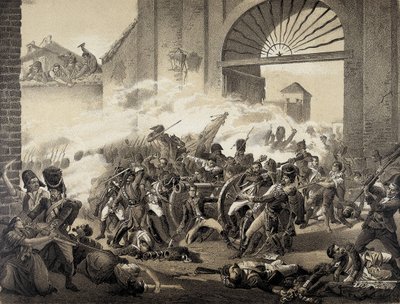 Espana. Guerra de Independecia (1808). Zweiter Mai in Madrid. Tod von Luis Daoiz bei der Verteidigung des Monteleon-Parks. Gravur nach einem Gemälde von Manuel Castellano. Lithografie. von Manuel (after) Castellano