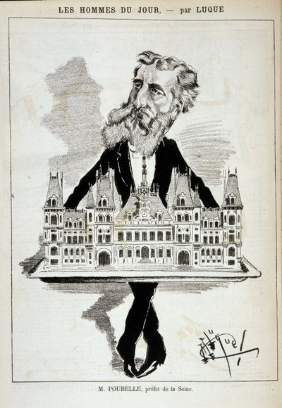Karikatur von M. Poubelle, Präfekt der Seine, der das Rathaus von Paris auf einem Tablett trägt - Zeichnung von Luque, in „La Caricature“ vom 13.08.1887 von Manuel Luque