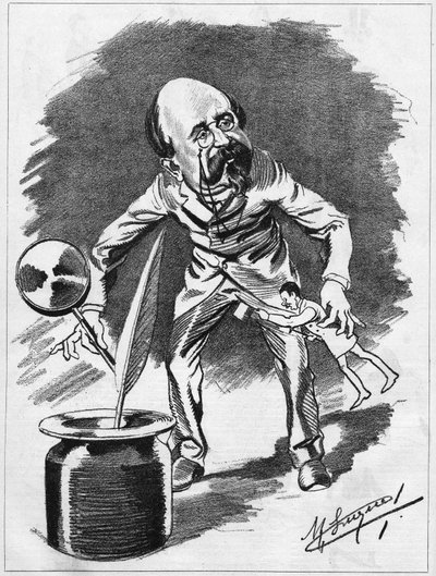 Edmond Gondinet (1828-1888) französischer Dramatiker. Karikatur von dem Karikaturisten Manuel Luque. In „Der Karikatur“ von 1886 von Manuel Luque