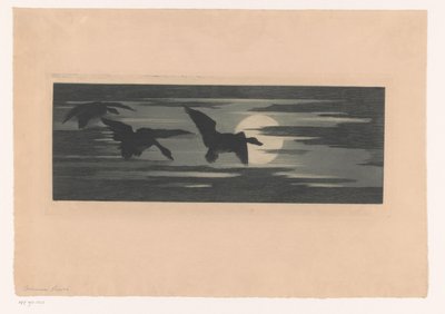 Drei Enten fliegen entlang des Sonnenuntergangs von Marc Henry Meunier (attributed to)