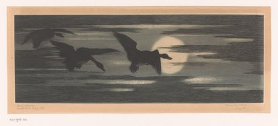 Drei Enten ziehen entlang des Sonnenuntergangs von Marc Henry Meunier (attributed to)