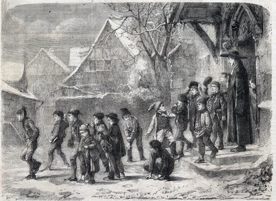 Schulausgang im Winter. Gravur nach einem Gemälde von M. B. Vautier in „The Illustrious Universe“ von Marc Louis Benjamin (after) Vautier