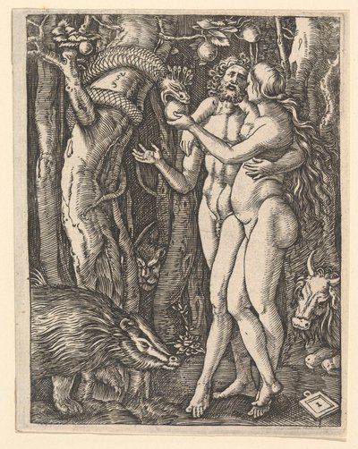 Adam und Eva mit Apfel und Schlange, ca. 1500-1534 von Marcantonio Raimondi
