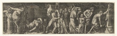 Bacchanal mit einem betrunkenen Bacchus, Satyrn und Mänaden von Marcantonio Raimondi