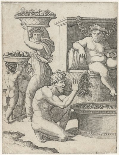 Bacchus schaut zu, wie ein Mann und eine Frau und zwei Kinder Körbe mit Trauben für die Weinherstellung tragen von Marcantonio Raimondi