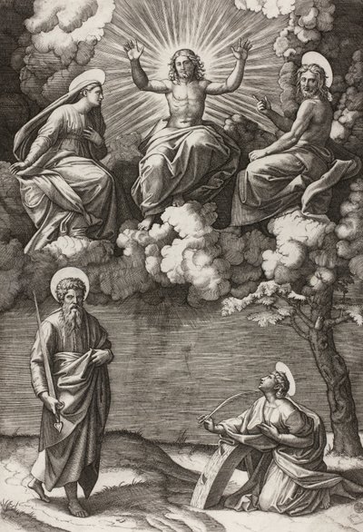Christus, die Jungfrau und Johannes der Täufer mit den Heiligen Paulus und Katharina von Marcantonio Raimondi