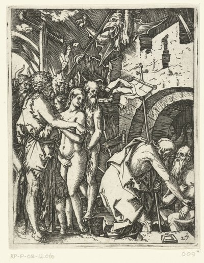 Christus verlässt die Hölle und befreit Patriarchen und Propheten und andere von Marcantonio Raimondi