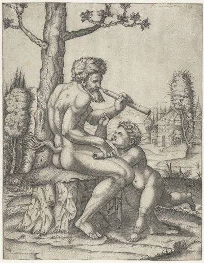 Faun mit Flöte spielt mit Kind von Marcantonio Raimondi