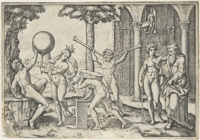 Mann mit zwei Trompeten und Mann mit Stein auf dem Rücken flankiert von Mann und Frau mit Globus und altem und jungem Mann von Marcantonio Raimondi