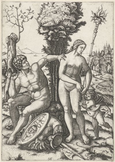 Mars und Venus als Liebespaar mit Amor von Marcantonio Raimondi