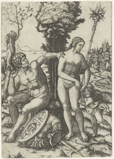 Mars und Venus als Liebespaar mit Amor von Marcantonio Raimondi