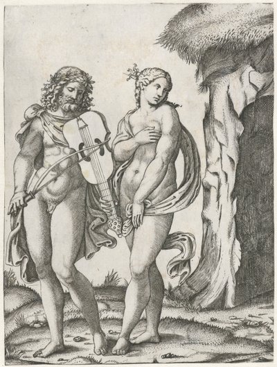 Orpheus spielt auf der Viola, bevor Eurydike in die Unterwelt geht von Marcantonio Raimondi