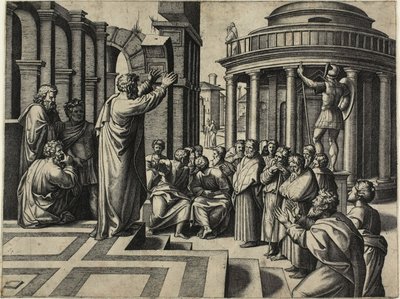 Der heilige Paulus predigt in Athen von Marcantonio Raimondi