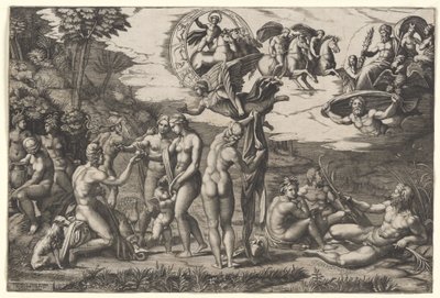 Das Urteil des Paris: Er sitzt links mit Venus, Juno und Pallas Athene, ein geflügelter Sieg darüber, um 1510-20 von Marcantonio Raimondi