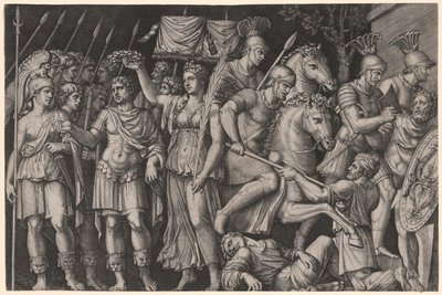 Trajan von der Siegesgöttin gekrönt von Marcantonio Raimondi