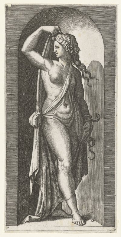 Frau als Personifikation der Vorsicht (Prudentia) mit Schlange und Maske, Sieben Tugenden (Serientitel) von Marcantonio Raimondi