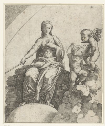 Frau mit Buch und Zepter als Personifikation der Philosophie, sitzend auf Wolken und die Füße ruhend auf einer Kugel, neben ihr zwei Putti von Marcantonio Raimondi