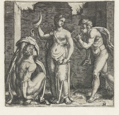 Frau mit Halbmond flankiert von einem Faun, der auf einem Horn bläst, und einem hockenden Mann von Marcantonio Raimondi