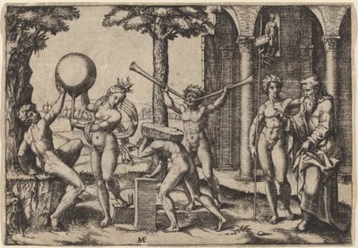 Der Mann mit zwei Trompeten von Marcantonio Raimondi after Baccio Bandinelli