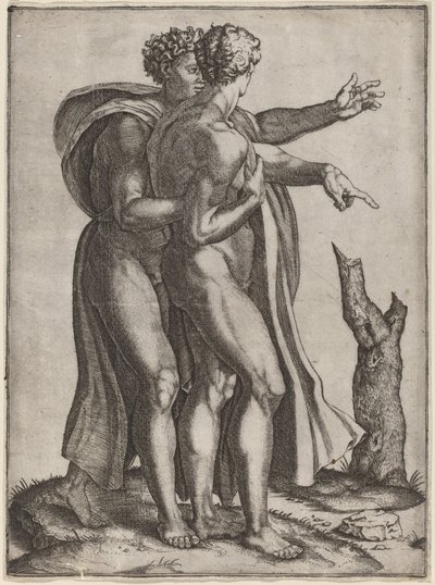Zwei nackte Männer von Marcantonio Raimondi after Michelangelo
