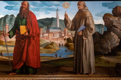 St. Franziskus empfängt die Stigmata unter St. Klara und Peter, der selige Bartolomeo von Breganze, und St. Paulus und Bernardino (Detail) von Marcello Fogolino