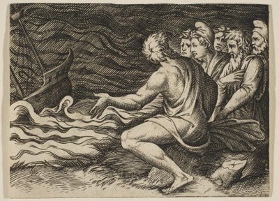 Eine Gruppe von Figuren rechts, die einen Schiffbruch beobachten, ca. 1515-1527 von Marco Dente