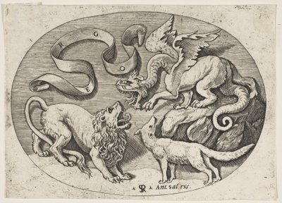 Ein Löwe, Drache und Fuchs kämpfen miteinander, eine beschriftete Banderole darüber, ein ovales Medaillon, ca. 1515-1527 von Marco Dente